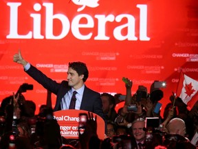 Liberal Party leader Justin Trudeau gives his victory speech after winning a majority government in Canada's federal election in Montreal, Quebec on October 19, 2015. REUTERS/Chris Wattie
