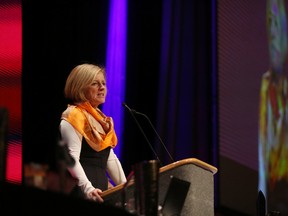 Alberta Premier Rachel Notley speaks to a crowd of approximately 1,000 people at the Alberta Union of Provincial Employees (AUPE) 39th annual convention at the Shaw Conference Centre, 9797 Jasper Avenue, in Edmonton, AB on Friday, October 23, 2015. TREVOR ROBB/Postmedia Network