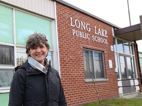 Ward 9 Coun. Deb McIntosh stands in front of the building that used to be Long Lake Public School in Sudbury, Ont. She is one of four women who sit on city council. John Lappa/The Sudbury Star