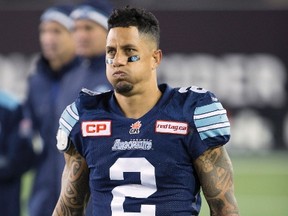 Toronto Argonauts' slotback Chad Owens reacts during the final seconds of his team's loss to the Calgary Stampeders during CFL football action in Hamilton, Ont., on Saturday, Oct. 17, 2015. (THE CANADIAN PRESS/Peter Power)