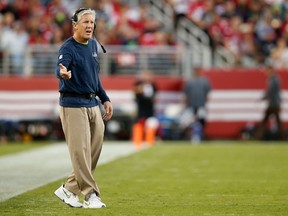 Head coach Pete Carroll of the Seattle Seahawks stands on the field during their NFL game against the San Francisco 49ers at Levi's Stadium on October 22, 2015 in Santa Clara, California. (Ezra Shaw/Getty Images/AFP)