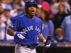 Ben Revere of the Toronto Blue Jays takes a strike against the Kansas City Royals during game 6 of the American League Championship Series at Kauffman Stadium in Kansas City, MO, USA. on Saturday October 24, 2015. (Dave Abel/Toronto Sun/Postmedia Network)