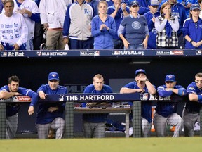 Members of the Toronto Blue Jays look on during ninth inning Game 6 of the American League Championship Series against the the Kansas City Royals in Kansas City, Mo., on Friday, October 23, 2015. (THE CANADIAN PRESS/Nathan Denette)