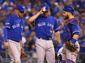 Roberto Osuna of the Toronto Blue Jays gives up the winning run against the Kansas City Royals during game 6 of the American League Championship Series at Kauffman Stadium in Kansas City, MO, USA. on Friday October 23, 2015. (Dave Abel/Toronto Sun/Postmedia Network)