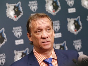 This is a June 25, 2015, file photo showing Minnesota Timberwolves president and coach Flip Saunders addressing the media during an NBA basketball news conference in Minneapolis. (AP Photo/Jim Mone, File)