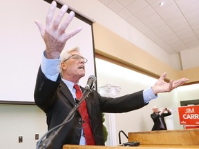 Jim Carr, Liberal candidate in Winnipeg South Centre, celebrates and speaks after defeating Conservative Party incumbent Joyce Bateman on election night. (John Woods/THE CANADIAN PRESS)