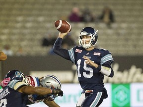 Toronto Argonauts' quarterback Ricky Ray throws during second half CFL football action against the Montreal Alouettes in Hamilton, Ont., on October 23, 2015. (THE CANADIAN PRESS)