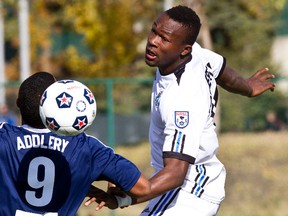 Mallan Roberts headed in the tying goal in stoppage time to help FC Edmonton salvage a 1-1 tie against the Jacksonville Armada Sunday at Clarke Stadium (Codie McLachlan, Edmonton Sun).