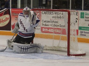 Clinton goalie, Marc Nother, blocks a shot during the Radars' home opener. (Laura Broadley Clinton News Record)