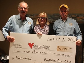 The Bayfield Lions Club presented its cheque of $1,000 on Oct. 17 during the annual CKNX Health Care Heroes Radiothon to Clinton Public Hospital. On hand were, from left to right, were Bill Rowat, board chair Janice Cosgrove and Tony VanBakel. (Laura Broadley Clinton News Record)