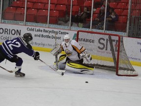 Danton Brooks, pictured, and Jordan Piska have been excellent between the pipes for the Vermilion Tigers, particularly in the two games over the weekend. The Tigers allowed a combined 3 goals in a pair of wins against Cold Lake and Saddle Lake.