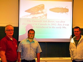 Chair of the West Perth forestry committee, Don Giles, invited Joel Hackett of Joel's Tree Service and Marvin Smith, an expert in woodlot management, to come speak at a meeting in the West Perth municipal building Oct. 22 about the threat that emerald ash borers pose to Perth County ash trees. GALEN SIMMONS/MITCHELL ADVOCATE