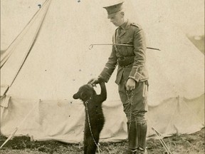 Harry Colebourn feeds Winnie in Salisbury Plain, England, in 1914. Taken from The Colebourn Family Archive, the photo is featured in Remembering the Real Winnie: The World's Most Famous Bear Turns 100, produced by Ryerson Image Centre. (RYERSON.CA IMAGE)