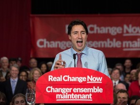 Liberal Leader Justin Trudeau speaks at a victory rally in Ottawa on October 20, 2015 after winning the election. (AFP PHOTO/ NICHOLAS KAMM)