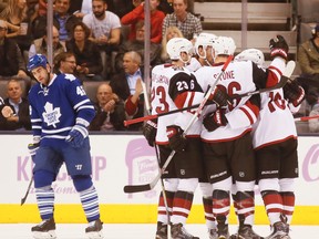 Arizona Coyotes score their secnd goal in the first period against the Toronto Maple Leafs at the Air Canada Centre in Toronto on Oct. 26, 2015. (Stan Behal/Toronto Sun/Postmedia Network)