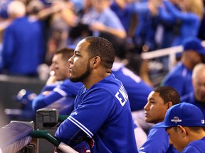 Edwin Encarnacion of the Toronto Blue Jays looks out from the dugout after losing to the Kansas City Royals during game 6 of the American League Championship Series at Kauffman Stadium in Kansas City, MO, USA. on Saturday October 24, 2015. Dave Abel/Toronto Sun/Postmedia Network