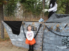 Little Ophelia Palmer, 3, of Haileybury wasn't afraid of the scary pirate ship as she enjoyed the afternoon at the Polar Bear Habitat and Heritage Village during Pumpkinfest. She enjoyed getting some treats to take home as well.