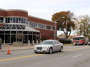 Firefighters from Fire Stations No. 1 and 2 were called to Chatham-Kent Police Service headquarters in Chatham, Ont. on Tueday October 27, 2015, after some civilians were told to leave the station after a man brought in a suspicious package. (Ellwood Shreve/Chatham Daily News/Postmedia Network)