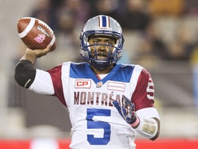 Montreal Alouettes quarterback Kevin Glenn throws a pass against the Toronto Argonauts during the first half of their CFL football game in Hamilton on Oct. 23, 2015. (REUTERS/Mark Blinch)