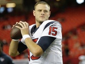 In this Oct. 4, 2015, file photo, Houston Texans quarterback Ryan Mallett (15) warms up before the first half of an NFL football game against the Atlanta Falcons in Atlanta. Mallett was released by the Texans on Tuesday, Oct. 27, 2015, in the wake of missing the team's charter flight this weekend, a source familiar with the move told The Associated Press. The person spoke on the condition of anonymity because the team hasn't officially announced the move. (AP Photo/David Goldman, File)