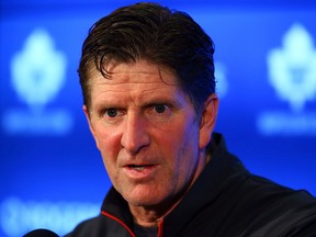 Coach Mike Babcock speaks to media after the Toronto Maple Leafs gameday skate at the Air Canada Centre in Toronto on Oct. 26, 2015. (Dave Abel/Toronto Sun/Postmedia Network)