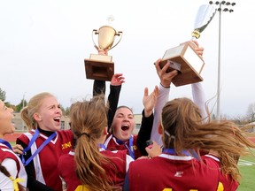 Regiopolis-Notre Dame Panthers players celebrate their Kingston Area field hockey championship win over the Holy Cross Crusaders at CaraCo Field at the Invista Centre on Oct. 31, 2014. The Panthers and Crusaders will meet in this year’s final on Thursday. (Whig-Standard file photo)