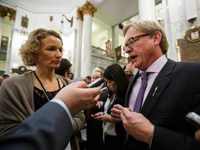 David Eggen (right), Minister of Education and
Minister of Culture and Tourism, is interviewed after the government's delivery of Budget 2015 at the Alberta Legislature in Edmonton, Alta., on Tuesday October 27, 2015. Ian Kucerak/Edmonton Sun/Postmedia Network