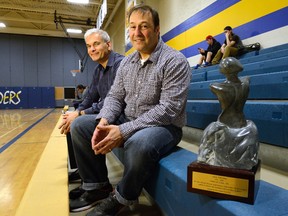 Dan Pasic, left, and Tony Marcotullio are proud to be members of the committee that chooses the annual recipient of the Jason Edmonds Memorial Scholarship at Beal secondary school. ?It?s not an insignificant amount and the award is significant in what it recognizes,? Pasic said. The 2015 recipient will be announced Friday. (MORRIS LAMONT, The London Free Press)