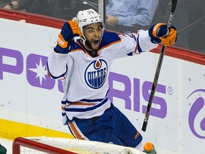 Oct 27, 2015; Saint Paul, MN, USA; Edmonton Oilers defenseman Darnell Nurse (25) celebrates his first NHL goal during the third period against the Minnesota Wild at Xcel Energy Center. The Wild defeated the Oilers 4-3. Mandatory Credit: Brace Hemmelgarn-USA TODAY Sports