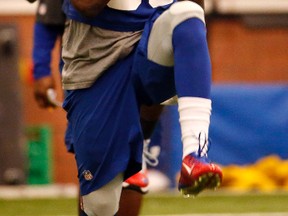 Giants defensive end Jason Pierre-Paul works out during practice in East Rutherford, N.J., on Wednesday, Oct. 28, 2015. (AP Photo/Julio Cortez)