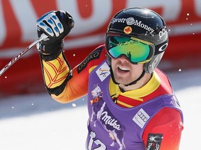 Canadian skier Dustin Cook reacts in the arrival area in the men's Super G race at the Alpine Skiing World Cup Finals in Meribel, France on March 19, 2015. (Robert Pratta/Reuters)