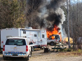 Thick smoke was visible in downtown Whitecourt when a recreational vehicle caught fire on Monday, Oct. 19.