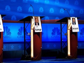 The podiums for Marco Rubio, Donald Trump and Ben Carson are lined up in the center of the stage for tomorrow's Republican presidential candidate debate in Boulder, Colorado October 27, 2015. (REUTERS/Rick Wilking)