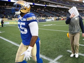 Winnipeg Blue Bombers defensive end Jamaal Westerman (left) and coach Mike O’Shea walk off the field after a loss against the visiting Ottawa RedBlacks on Saturday. (The Canadian Press)