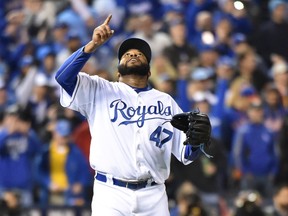 Kansas City Royals starting pitcher Johnny Cueto celebrates after defeating the New York Mets in Game 2 of the 2015 World Series at Kauffman Stadium on Oct. 28, 2015. (Peter G. Aiken/USA TODAY Sports)