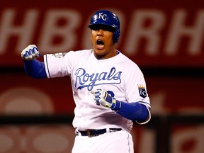 Salvador Perez of the Kansas City Royals reacts in the eighth inning against the New York Mets in Game 2 of the World Series at Kauffman Stadium in Kansas City on Oct. 28, 2015. (Jamie Squire/Getty Images/AFP)