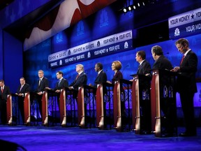 Republican U.S. presidential candidates (L-R) Governor John Kasich, former Governor Mike Huckabee, former Governor Jeb Bush, U.S. Senator Marco Rubio, businessman Donald Trump, Dr. Ben Carson, former HP CEO Carly Fiorina, U.S. Senator Ted Cruz, Governor Chris Christie and U.S. Rep. Rand Paul participate in the 2016 U.S. Republican presidential candidates debate held by CNBC in Boulder, Colorado, October 28, 2015. REUTERS/Rick Wilking