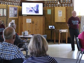Jim Rutledge (right) and Sid Bruinsma during a presentation they held at the Royal Canadian Legion Branch 109 in Goderich on September 24. (Steph Smith/Goderich Signal Star)