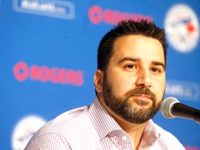 Toronto Blue Jays GM Alex Anthopoulos speaks with the media at his year-end press conference in Toronto on Monday October 26, 2015. (Michael Peake/Toronto Sun/Postmedia Network)