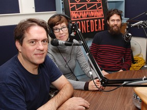 Tone Deaf Festival organizers, from left, Matt Rogalsky, Kristiana Clemens, David Parker and Claire Grady-Smith at radio station CFRC at Queen's University. (Julia McKay/The Whig-Standard)