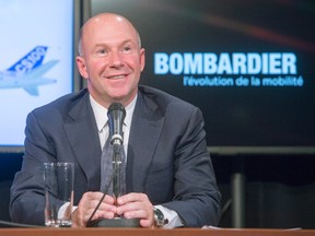 Alain Bellemare, president and Chief Executive Officer Bombardier Inc., speaks to the media at a news conference, October 29, 2015 in Montreal. The Quebec government is investing $1 billion in Bombardier's CSeries aircraft program. THE CANADIAN PRESS/Ryan Remiorz