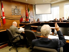 EMILY MOUNTNEY-LESSARD/THE INTELLIGENCER
Hastings County councillors vote on a motion to seek a report related to policing costs from staff.