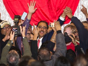 Edmonton - Mill Woods Liberal candidate Amarjeet Sohi arrives to give his victory speech at the Maharaja Banquet Hall, 9257 - 34A Ave., in Edmonton Alta. on Monday Oct. 18, 2015. David Bloom/Edmonton Sun/Postmedia Network