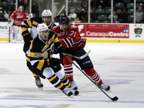 Kingston Frontenacs Roland McKeown (20) and Juho Lammikko chase Oshawa Generals forward Michael Dal Colle during an OHL game at the Rogers K-Rock Centre on Oct. 7. (Whig-Standard file photo)