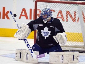 Jonathan Bernier during Toronto Maple Leafs gameday skate at the Air Canada Centre in Toronto on Oct. 26, 2015. (Dave Abel/Toronto Sun/Postmedia Network)