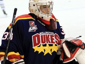 Wellington Dukes netminder and Belleville native Anthony Popovich recently recorded his first career Jr. A shutout. (OJHL Images)