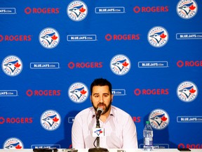 Toronto Blue Jays GM Alex Anthopoulos speak at his annual year-end press conference in Toronto on Oct. 26, 2015. (Michael Peake/Toronto Sun/Postmedia Network)