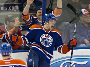 Oilers centre Leon Draisaitl celebrates his game-winning goal against the Canadiens Thursday at Rexall Place. Draisaitl and Condors teammates Brandon Davidson and Darnell Nurse all earned points in the game. (The Canadian Press)
