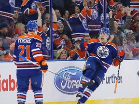 Oct 29, 2015; Edmonton, Alberta, CAN; Edmonton Oilers forward Leon Draisaitl (29) celebrates his game winning goal in the third period against the Montreal Canadiens at Rexall Place. Mandatory Credit: Perry Nelson-USA TODAY Sports