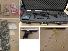 They seized 1 kg of cocaine (worth an estimated $65,000), 13.8 lbs. marijuana ($35,000), 2 lbs. magic mushrooms ($4,000), 2 lbs. hash ($8,000), 6 ounces of MDMA ($3,100), plus hydromorphone bills, benzocine, procaine and nearly $10,000 cash.